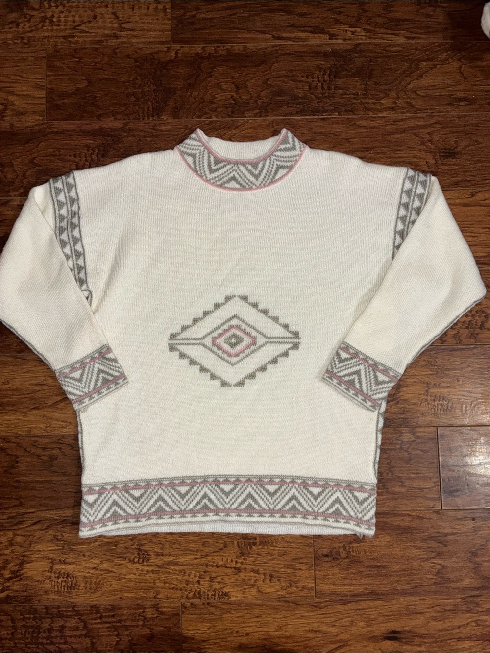 Cream Geometric Turtleneck Sweater with Pink & Gray Trim